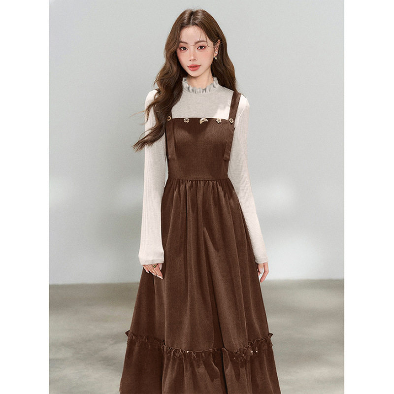 2026春季新款美拉德穿搭假两件针织长袖连衣裙女收腰内搭拼接长裙