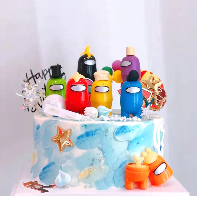 太空狼人杀主题蛋糕装饰 amongus游戏蛋糕插牌狼人杀网红公仔摆件