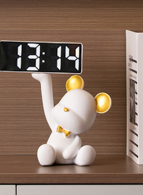 创意暴力熊摆件玄关托盘收纳客厅家用led智能电子时钟闹钟表台式