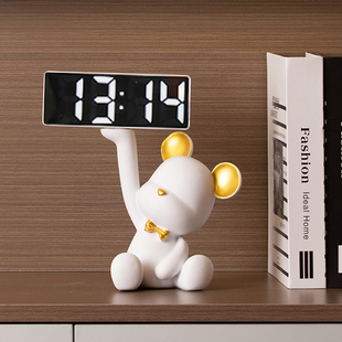 创意暴力熊摆件玄关托盘收纳客厅家用led智能电子时钟闹钟表台式
