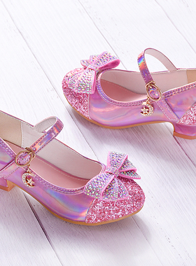 女童单鞋高跟皮鞋爱莎新款亮片粉公主鞋舞蹈演出童鞋小中童水晶鞋
