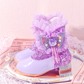 女童紫色库洛米高跟靴亮片蝴蝶结短靴宝宝加绒公主鞋 女孩水晶靴子