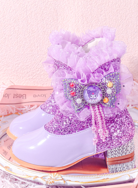 女童紫色库洛米高跟靴亮片蝴蝶结短靴宝宝加绒公主鞋女孩水晶靴子