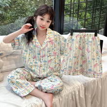 女童睡衣夏季2025新款儿童短袖长裤家居服三件套装大童女孩空调服