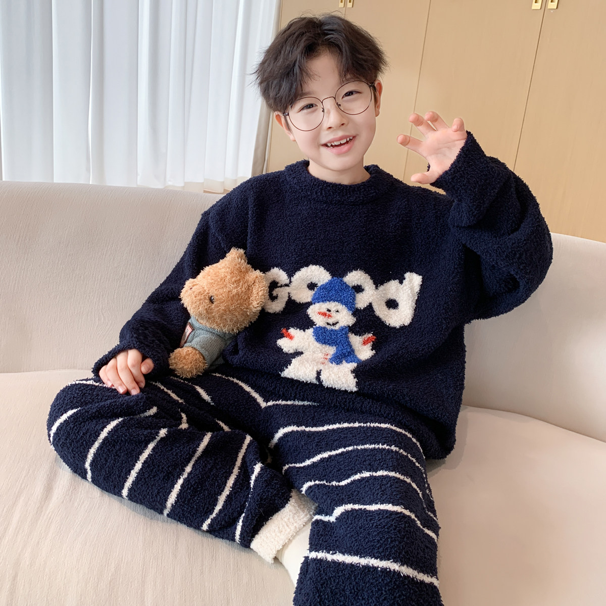儿童装男童半边绒睡衣秋冬2026新款中大童保暖洋气男孩家居服套装,童装/婴儿装/亲子装,家居服套装,淘宝优惠券,粉丝福利购,淘宝优惠卷