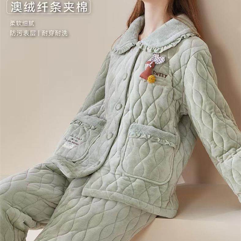 芬腾睡衣女士冬季澳绒纤条夹棉常规款时尚可爱家居服套装450537