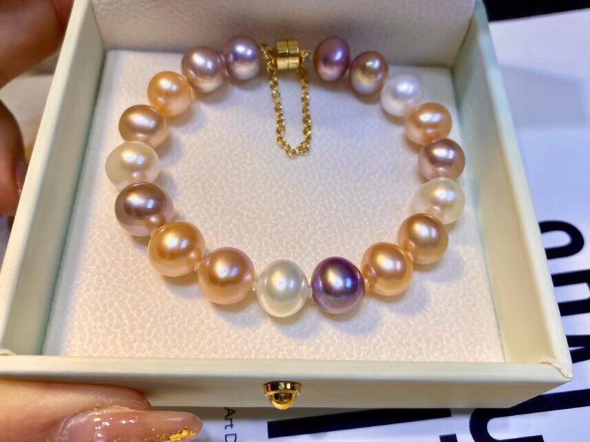 水之泪天然淡水珍珠手链无核8-9mm近圆混彩糖果基本无暇14k注金扣