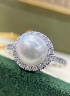 水之泪天然淡水珍珠戒指8-9mm厚扁圆强光近无瑕太阳花925银可调节