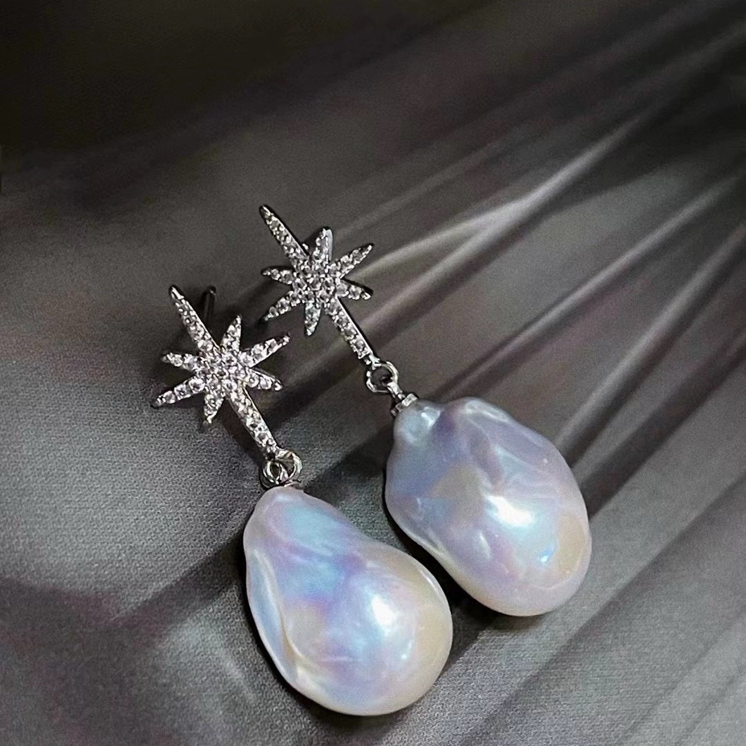 水之泪天然淡水珍珠炫彩白巴洛克耳钉s925六芒星明星同款15-23mm