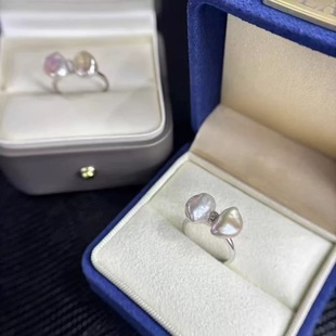 水之泪天然淡水珍珠碎银子双珠戒指6-8mm巴洛克不规则形状再生珠