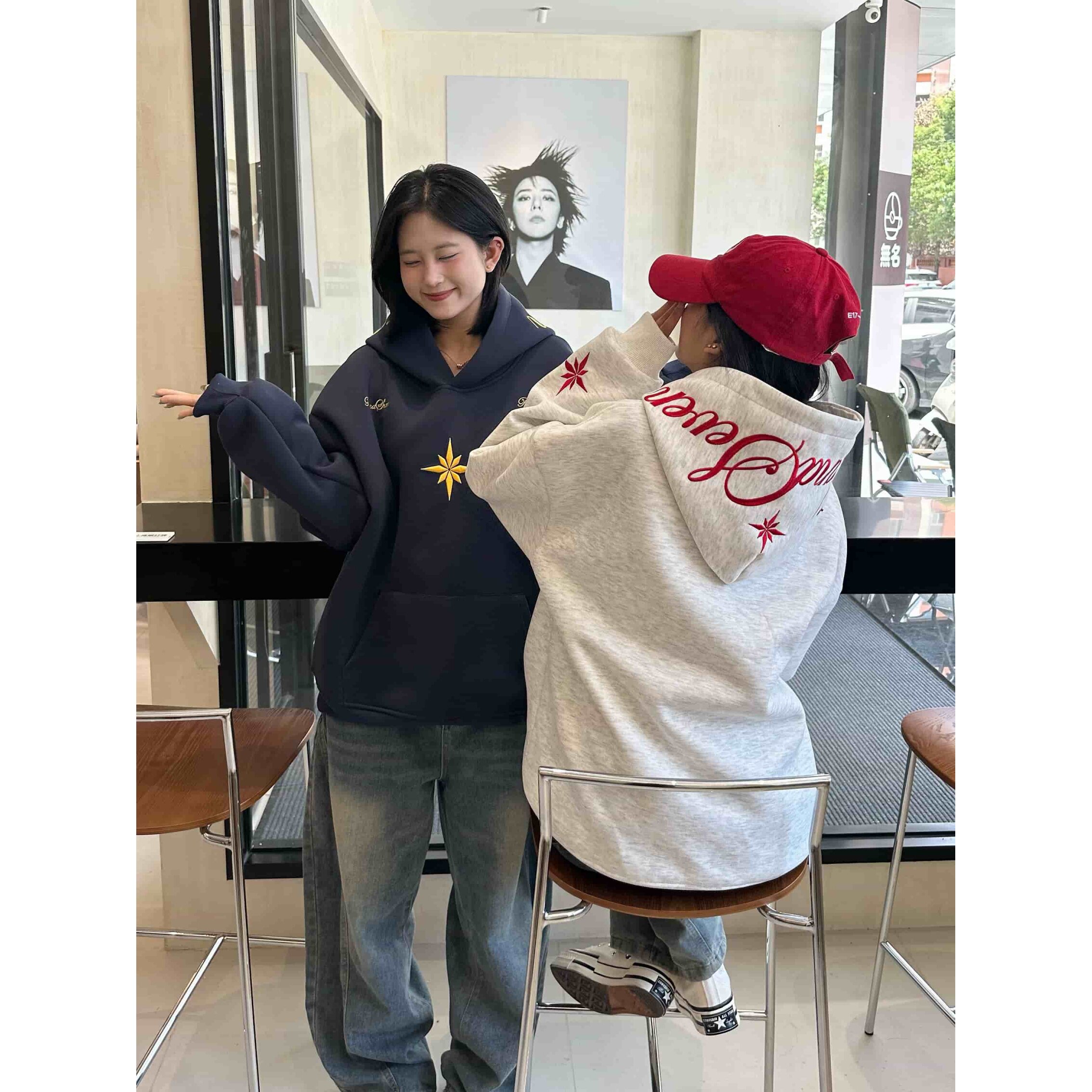 HandSeven刺绣连帽卫衣潮流男女高街潮牌小众蓝色设计感上衣