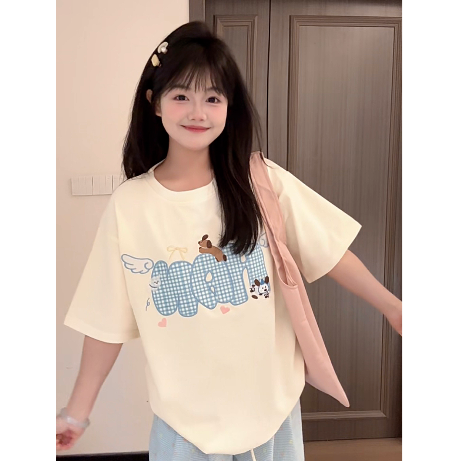 HandSeven【小狗天使】夏季可爱重磅凉感短袖格子贴布刺绣上衣T恤