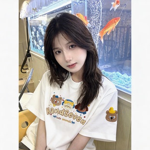 HandSeven美式复古百搭卡通小熊字母刺绣春夏季圆领短袖T恤上衣服