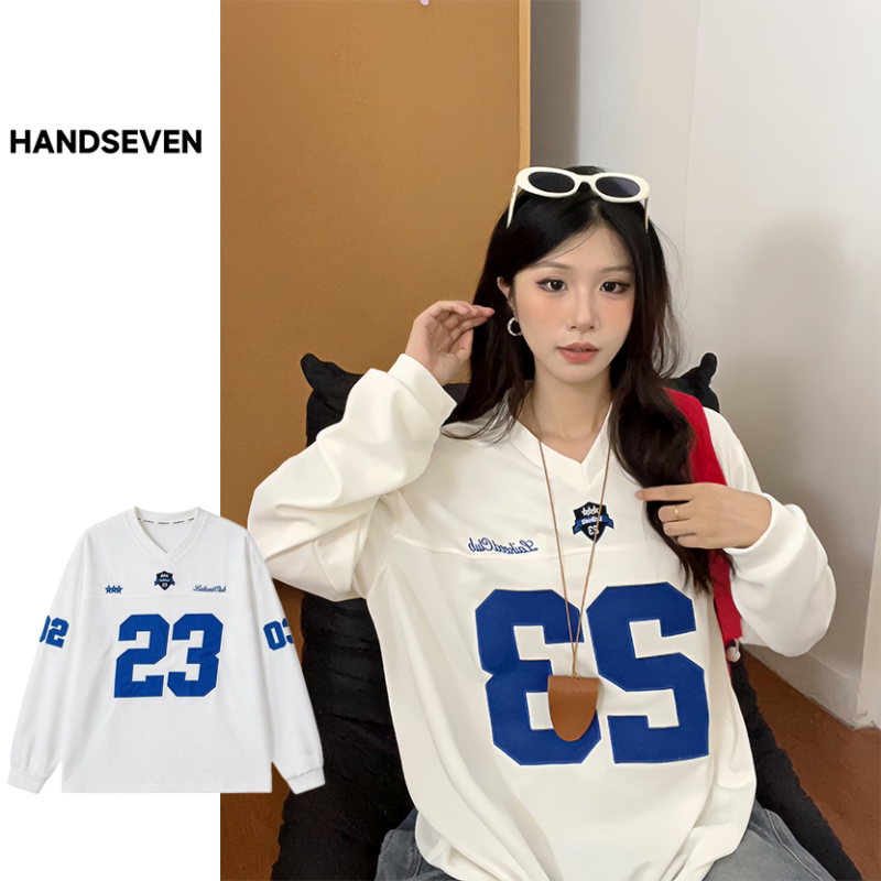 HandSeven美式简约宽松贴布刺绣字母长袖T恤男女情侣款打底上衣服