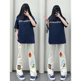 HandSeven重磅字母刺绣美式复古小众ins高街圆领夏季短袖宽松上衣