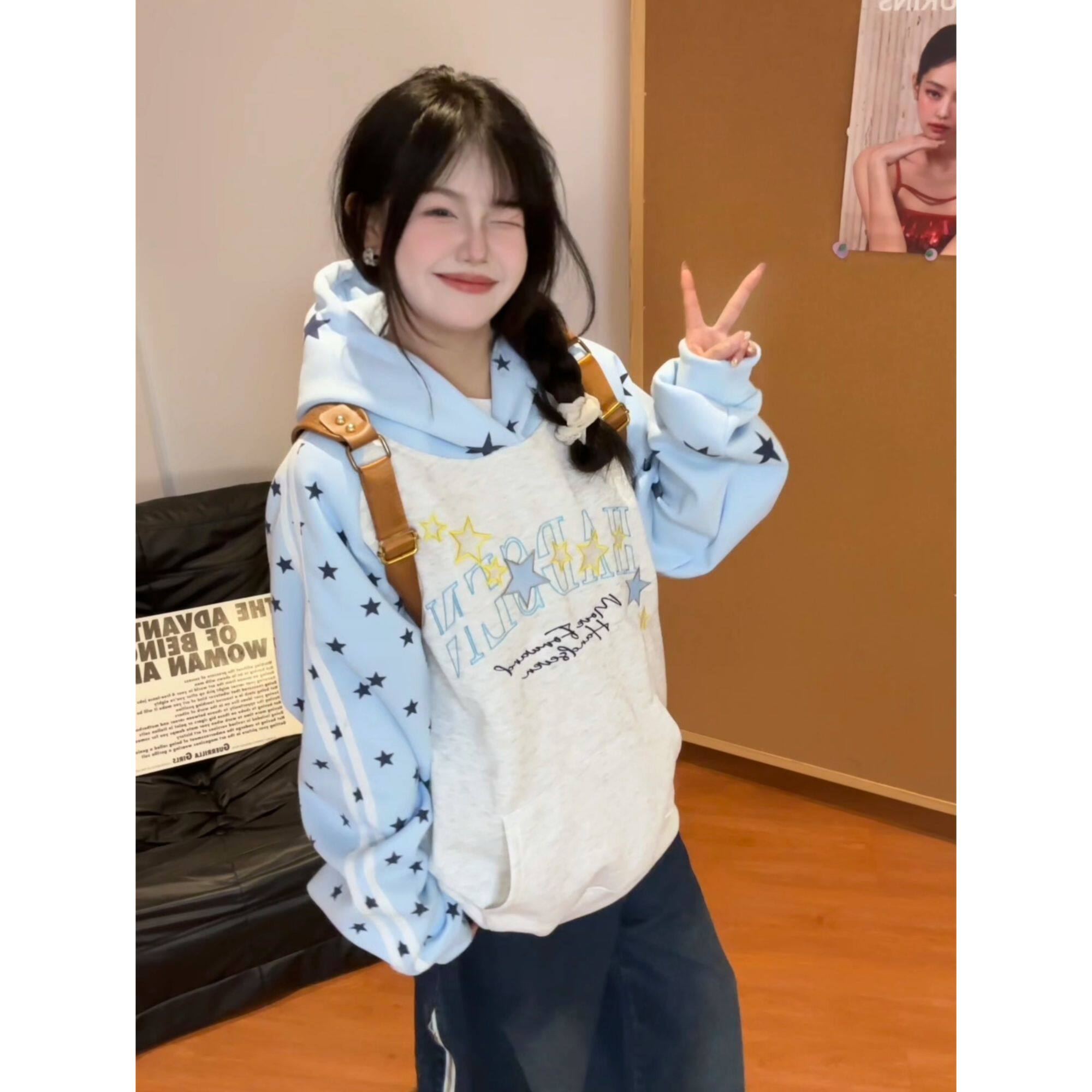 HandSeven秋冬韩版街头刺绣字母星星印花图案连帽卫衣男女情侣