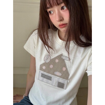 HandSeven2026年新款卡通风刺绣小房子短袖T恤春夏季百搭半袖上衣