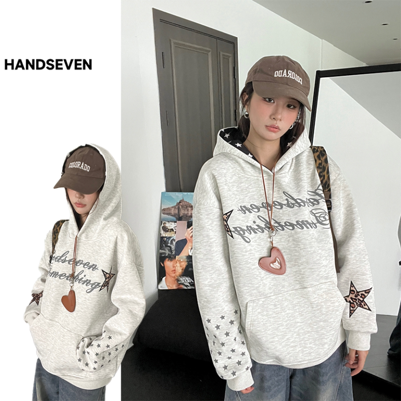 HandSeven美式复古街头风豹纹星星刺绣连帽卫衣宽松上衣秋冬加绒