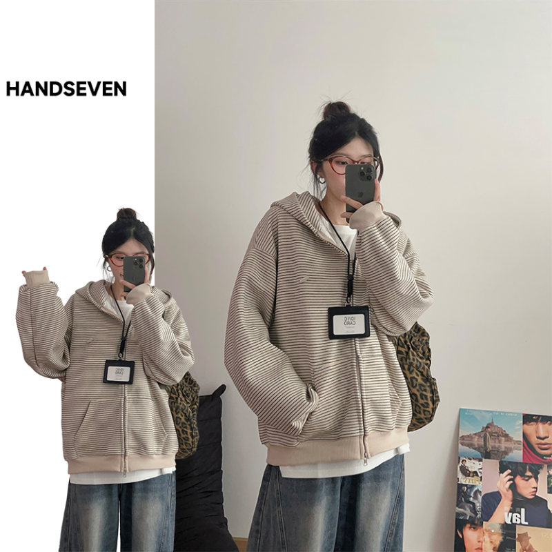 HandSeven2026秋冬季条纹复古拼接拉链开衫连帽卫衣宽松百搭上衣