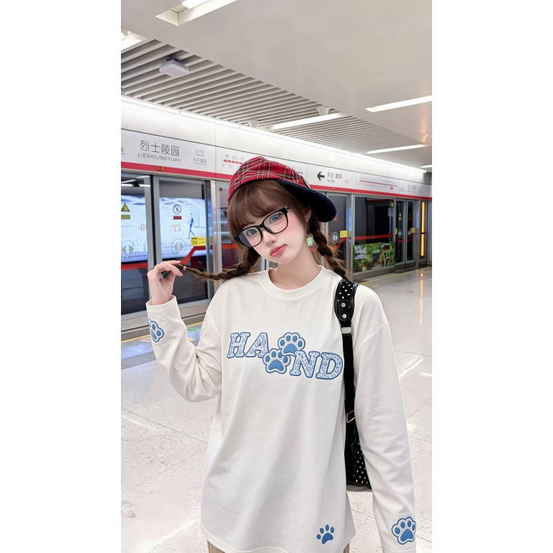HandSeven美式潮牌时尚宽松显瘦刺绣长袖T恤休闲百搭春秋时尚上衣