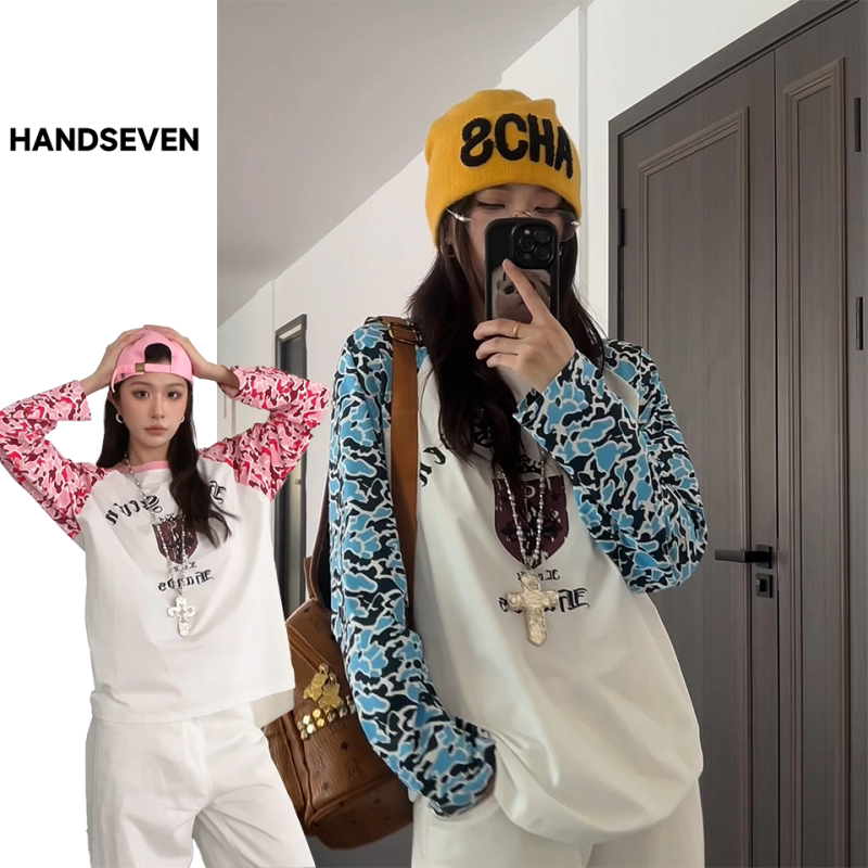 HandSeven国风痞帅春秋季迷彩字母印花撞色圆领长袖T恤宽松上衣服