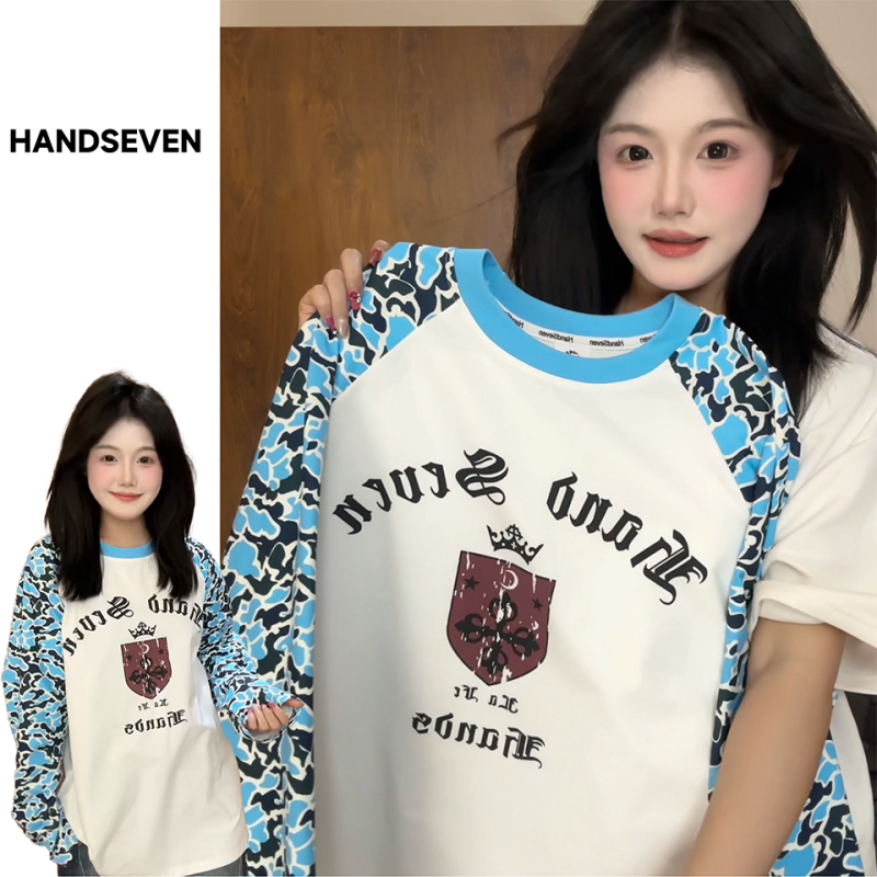 HandSeven复古小众早秋潮牌迷彩字母印花撞色圆领长袖T恤宽松上衣