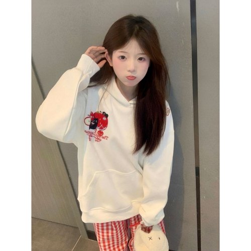 HandSeven美式高街小苹果刺绣连帽卫衣2025新款宽松休闲学生上衣