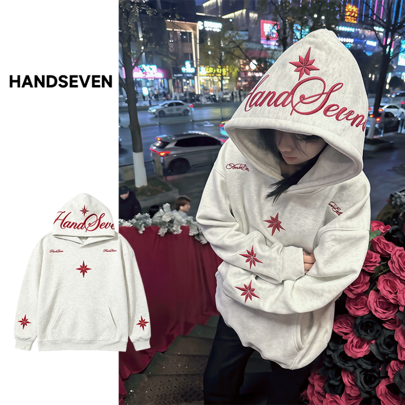 HandSeven韩系个性趣味小众秋冬季保暖刺绣字母连帽卫衣长袖上衣