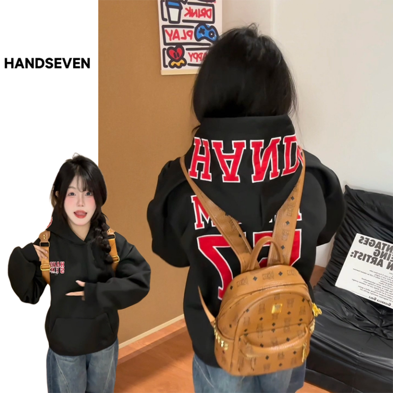 HandSeven秋冬季字母贴布刺绣连帽卫衣美式高街宽松男女情侣上衣