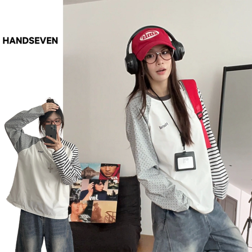 HandSeven春秋冬季新款波点条纹撞色拼接插肩长袖T恤上衣服打底衫