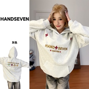 HandSeven美式2025新款重磅卫衣民族风花朵刺绣连帽卫衣冬季加厚