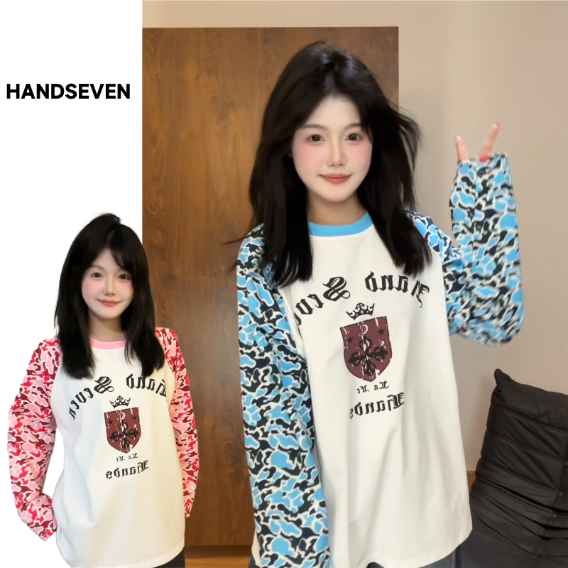 HandSeven2026早秋新款潮牌迷彩字母印花撞色圆领长袖T恤宽松上衣