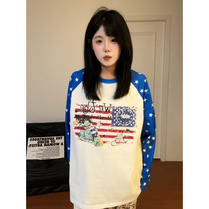 HandSeven春秋美式小众个性星星满印字母印花圆领宽松长袖T恤上衣