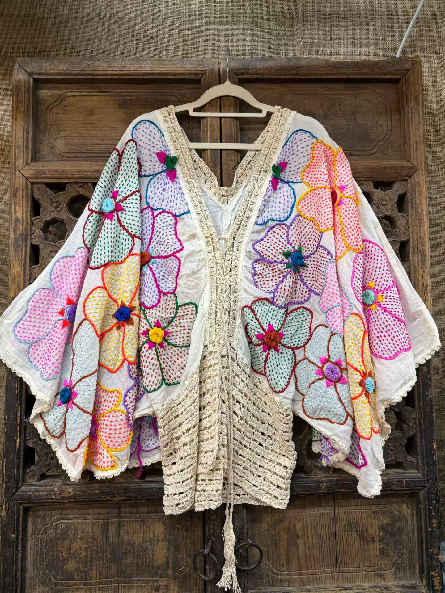 泰国创意手工刺线花蝴蝶开衫 东南亚风纯棉大码宽松钩花拼接上衣