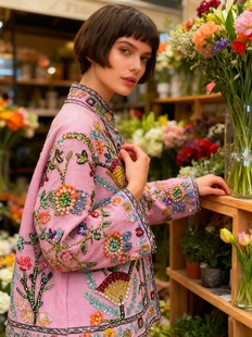 小众25秋冬 法式 特色刺绣花枝纯棉钉珠短外套 印度进口 夏萨珑