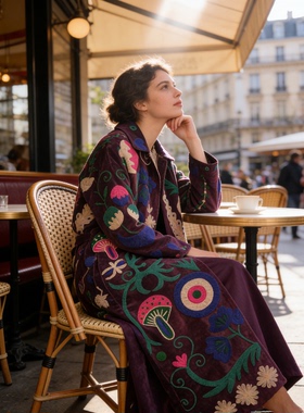 夏萨珑！印度进口法式小众26秋冬suzani刺绣天鹅绒风衣高密度外套