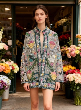 夏萨珑！印度进口法式小众秋冬特色刺绣花枝纯棉钉珠短外套suzani