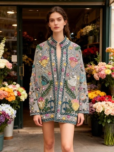 夏萨珑 小众秋冬特色刺绣花枝纯棉钉珠短外套suzani 印度进口法式