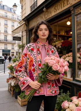 夏萨珑！suzani印度进口法式小众26秋冬特色刺绣花枝纯棉孔雀外套