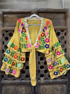 重工防晒外套 短衫 泰国创意手工钩边绣花高腰系带短开衫 泰棉蛋糕袖