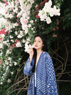 夏萨珑！印度手工蓝染植物拓印染艺术精致刺子绣外套风衣2026新款