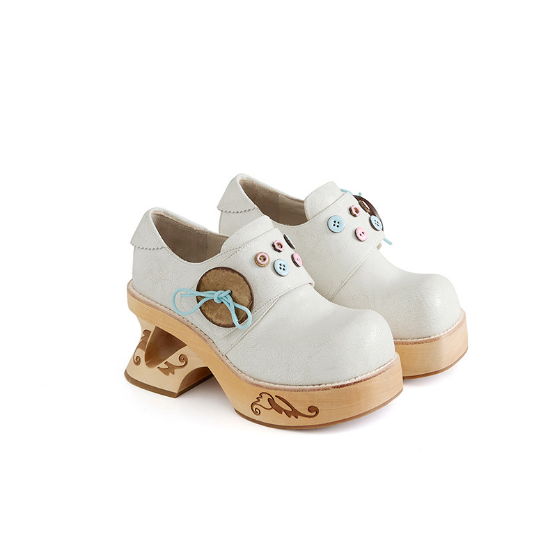 thumbnail for PonteAlleMoss' Summer New White Wooden Buttons, Velcro Platform Single Shoes, Clogs Original