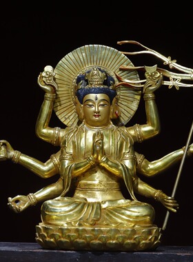 纯铜器全鎏金斗母元君神佛像摆件三面八臂众星之母家居客厅装饰品