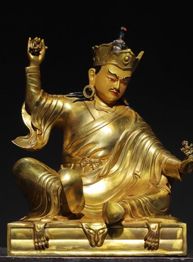 护法佛像黄铜鎏金描彩藏传佛莲花生大士家居佛堂供佛装饰复古摆件