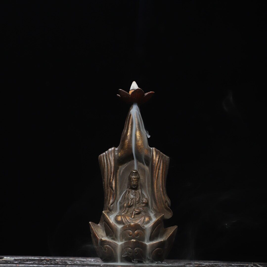 纯铜倒流香炉摆件莲花佛手观音拈花荷花香薰炉家居办公风水装饰品