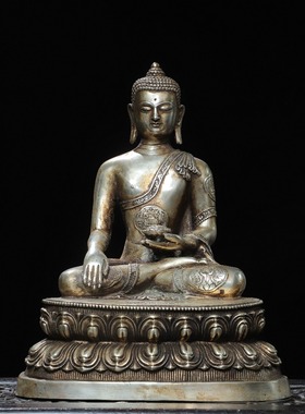 阿弥陀佛纯白铜全鎏银释迦牟尼像家居佛堂供佛桌面装饰品复古摆件