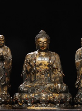 黄铜鎏金一佛二弟子释迦牟尼童子观音客厅佛堂桌面装饰品复古摆件