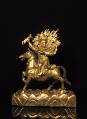 吉祥天母纯黄铜全鎏金班达拉姆护法家居佛堂供奉桌面装饰复古摆件