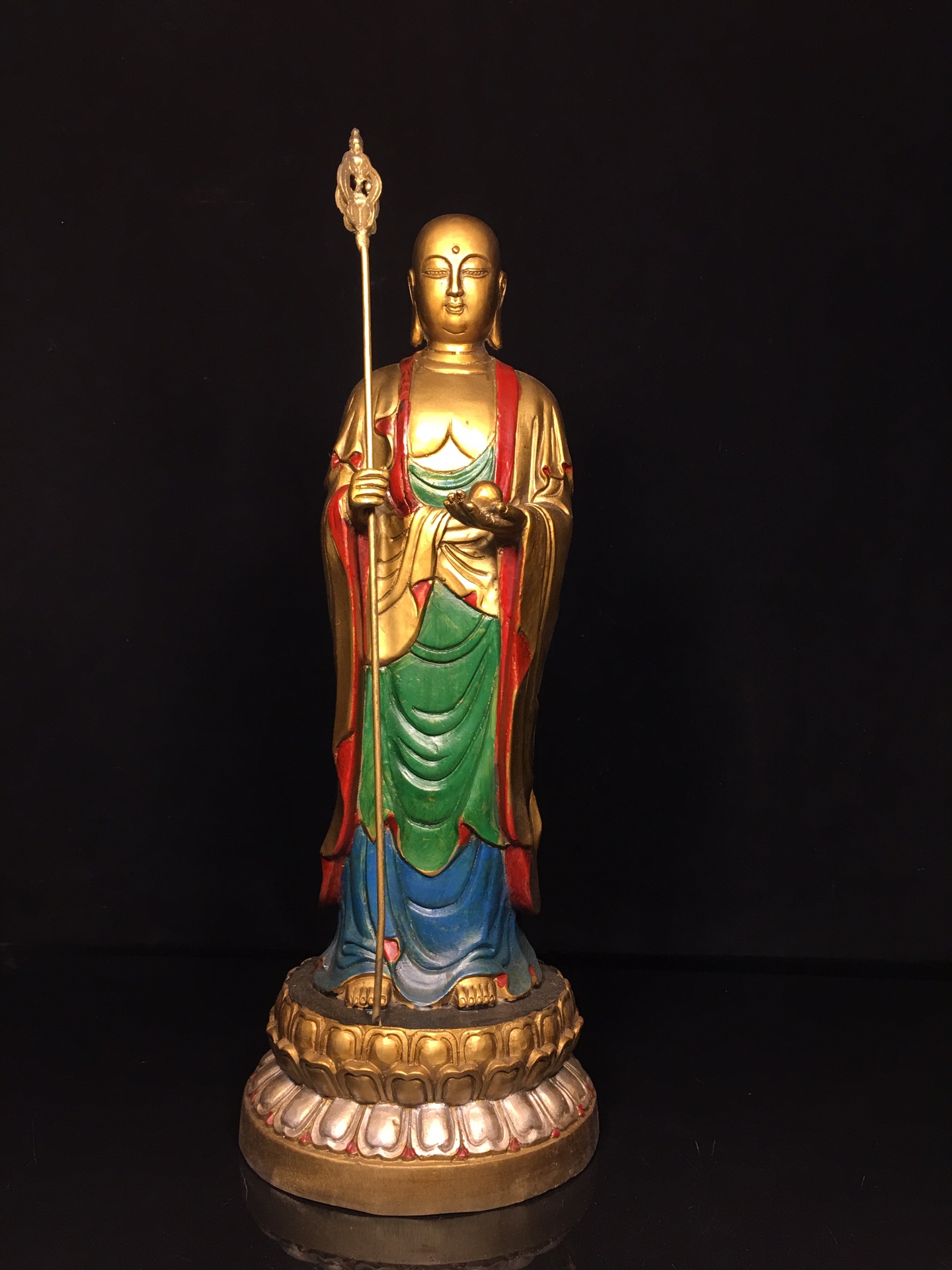 纯铜站立彩绘地藏王菩萨佛光佛像九华山大愿摆件家用佛堂供奉装饰