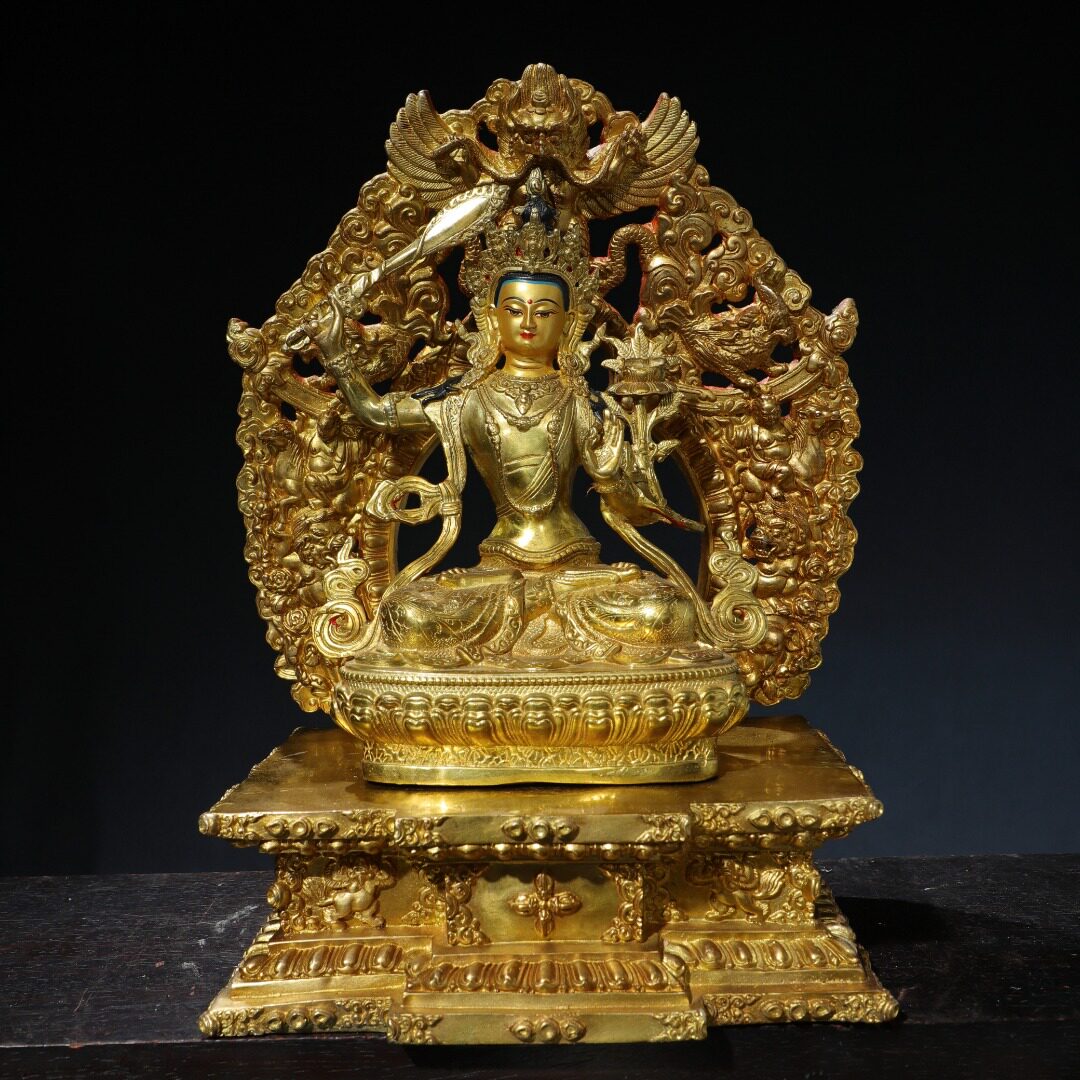 藏传纯铜鎏金文殊师利菩萨佛像西藏工艺寺庙佛堂家用客厅供奉摆件